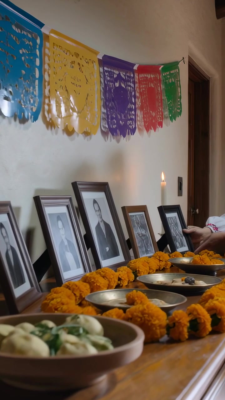 Video verticale: Un polsino decorato entra da destra e sistema foto su un altare, con calendule in onore dei defunti.