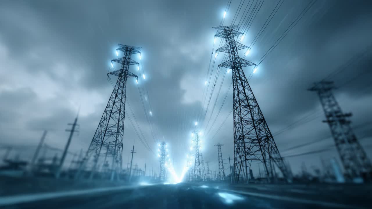 Captivating Transition of Energy Transmission Towers in a Futuristic Landscape Depicted through Stunning Visual Effects and Electric Light Trails