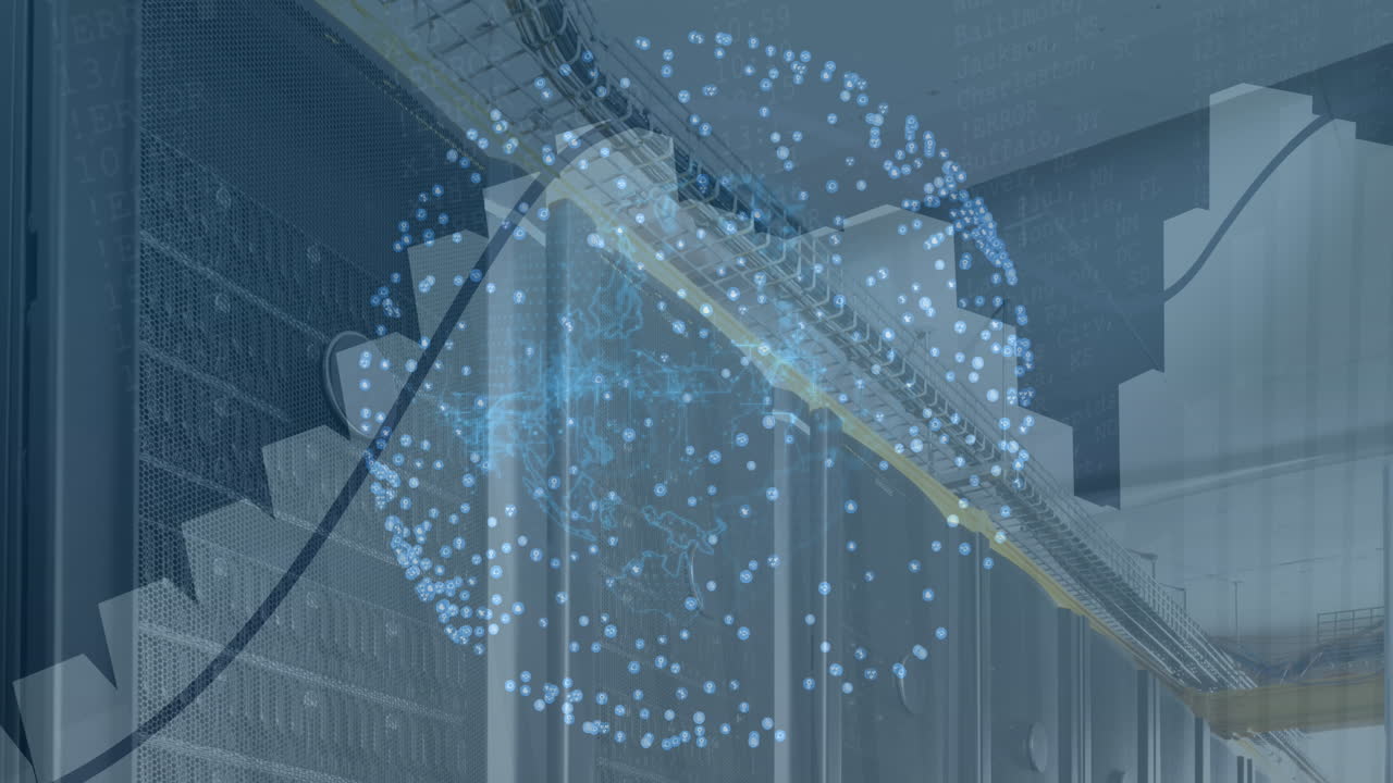 회전하는 지구의 애니메이션과 컴퓨터 서버 방에 대한 통계 데이터 처리