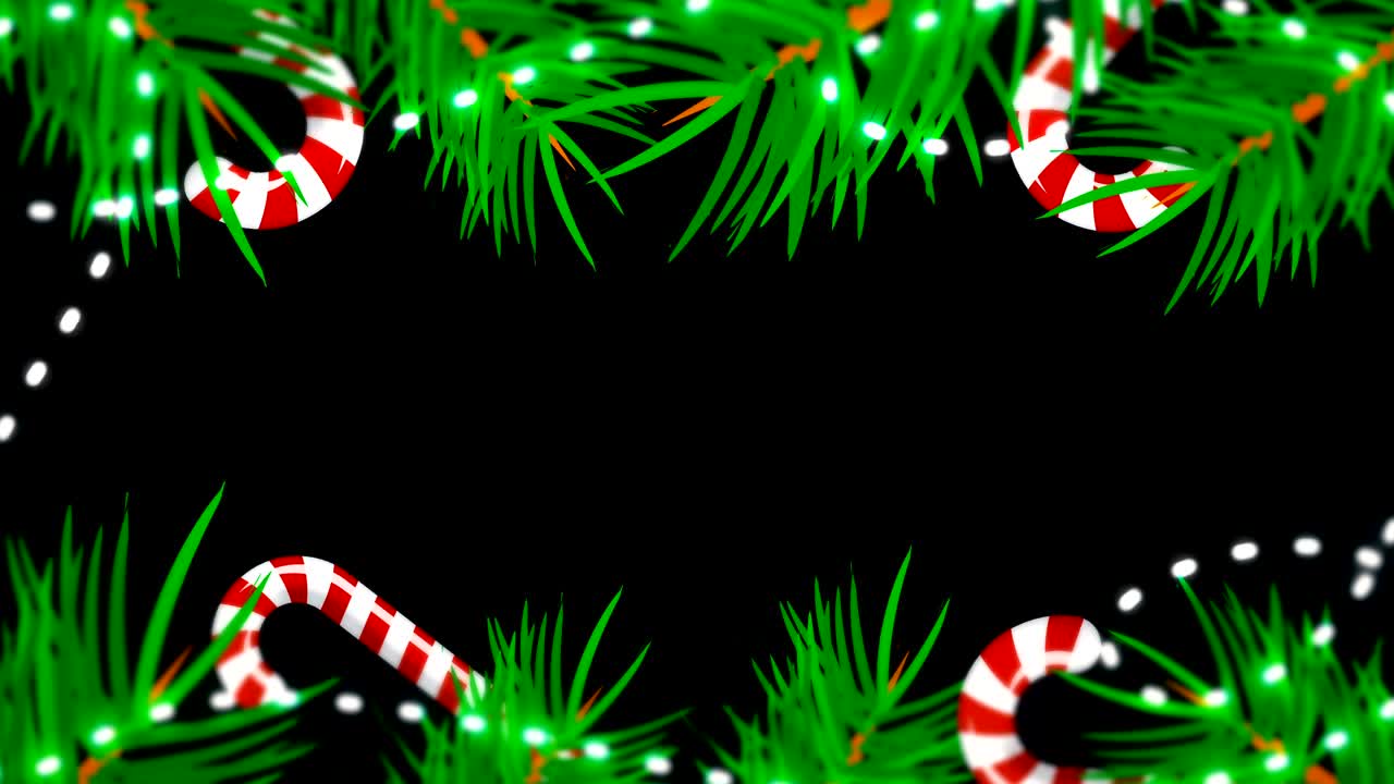 검은 바탕에 크리스마스 프레임, 브런치 트리, 캔디 및 조명과 함께 추상적인 배경
