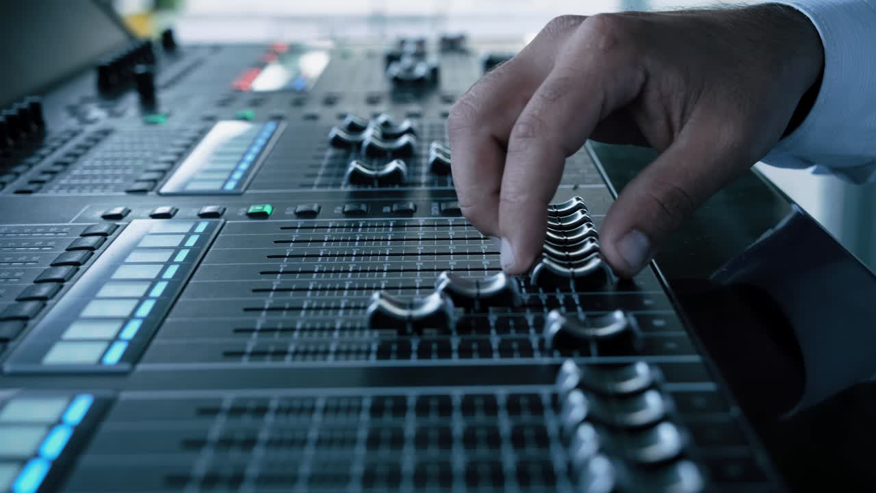 las almohadillas de la placa de sonido en la estación de televisión. el diseñador de sonido usó el mezclador de audio digital en el estudio de producción. el ingeniero de sonido movió los deslizadores en la emisora de radio. el ingeniero presionó los botones de la tecla en el escritorio de control del estudio de grabación.