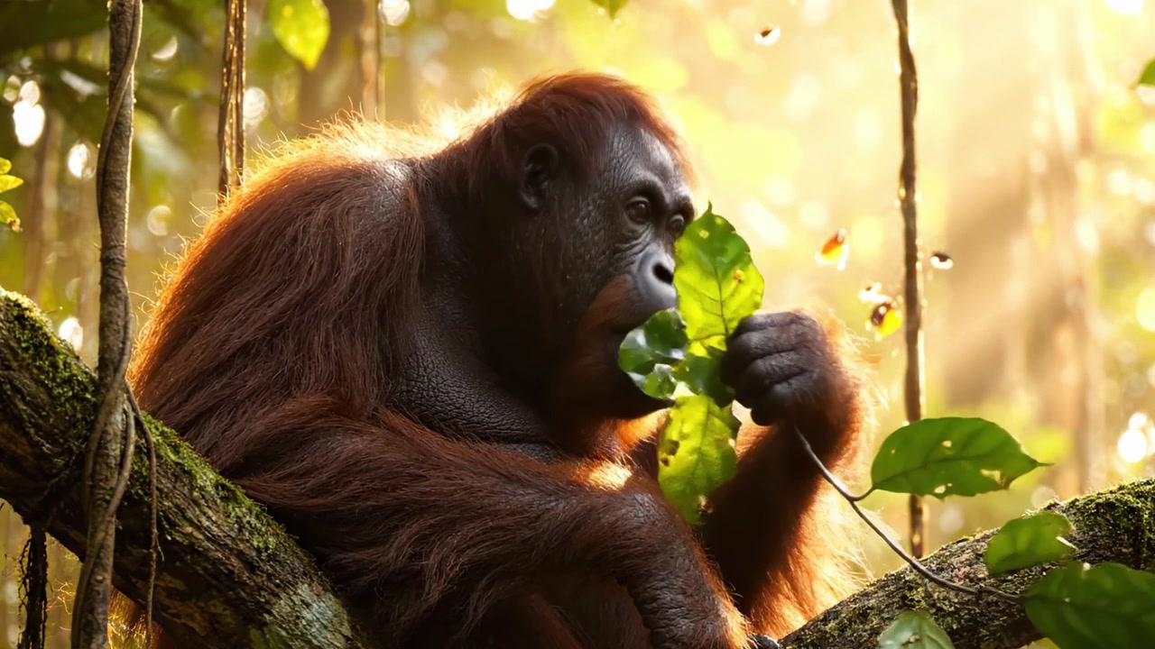 Un maestoso orangutan seduto sereno in una foresta illuminata dal sole, che mostra la sua espressione intensa tra una vegetazione lussureggiante e una delicata luce naturale