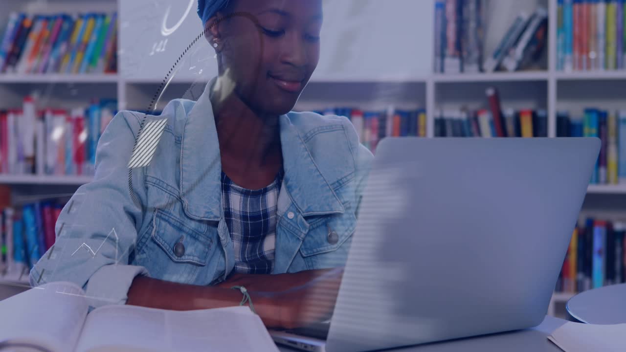 Student after pullback, checking book and typing on laptop for study while animated charts sweeping