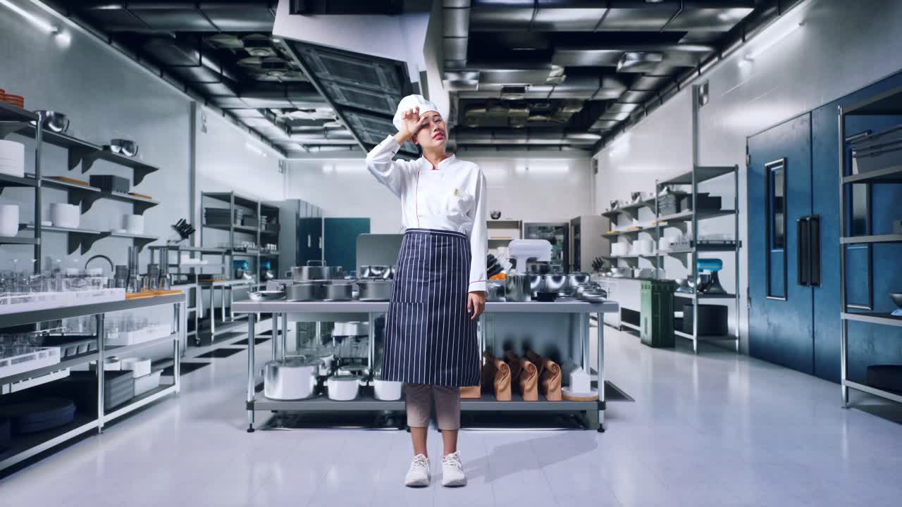 아시아 여성 셰프의 몸이 가득 차 있습니다. 을 고, 피곤해서 전문적인 부에서 요리하고 있습니다.