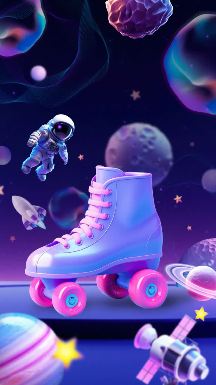A vibrant, surreal video concept featuring a low-angle view of a pink roller skate floating in space
