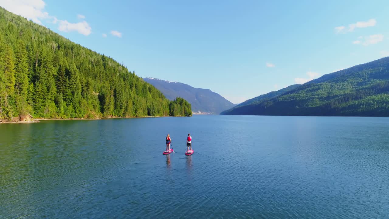 Coppia che rema su una tavola da stand up paddle nel fiume 4k
