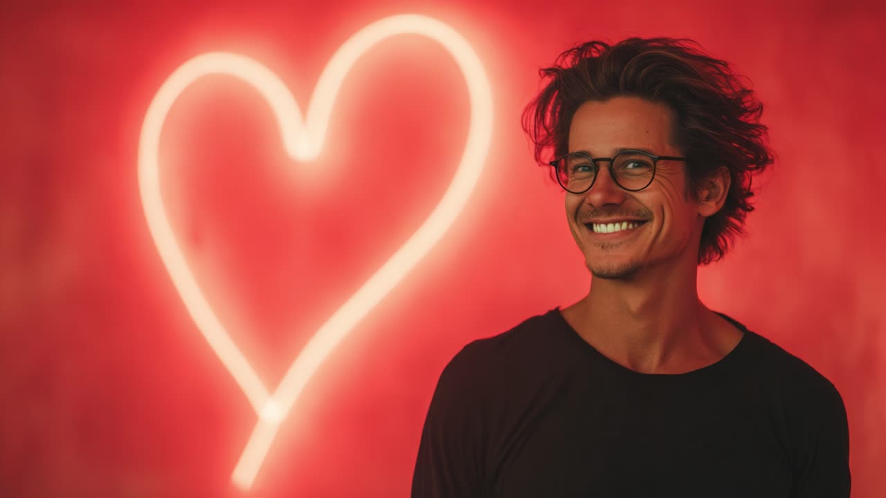 Uma pessoa alegre posa com confiança em frente a um coração neon vibrante, transmitindo positividade e charme e capturando perfeitamente a essência do amor e da felicidade nesta imagem impressionante
