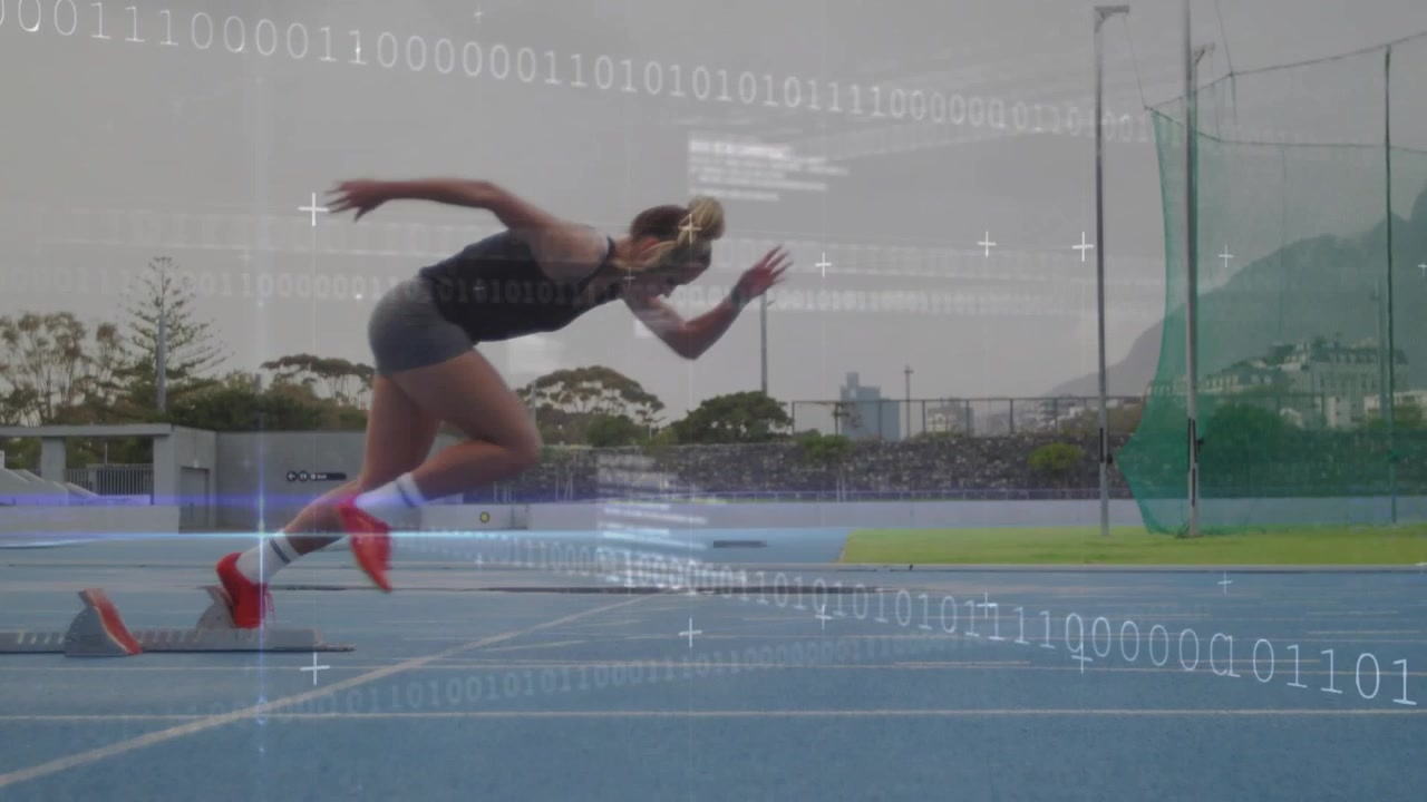 Sprinter pushing off blocks on blue track, driving right with binary overlays for sports analysis