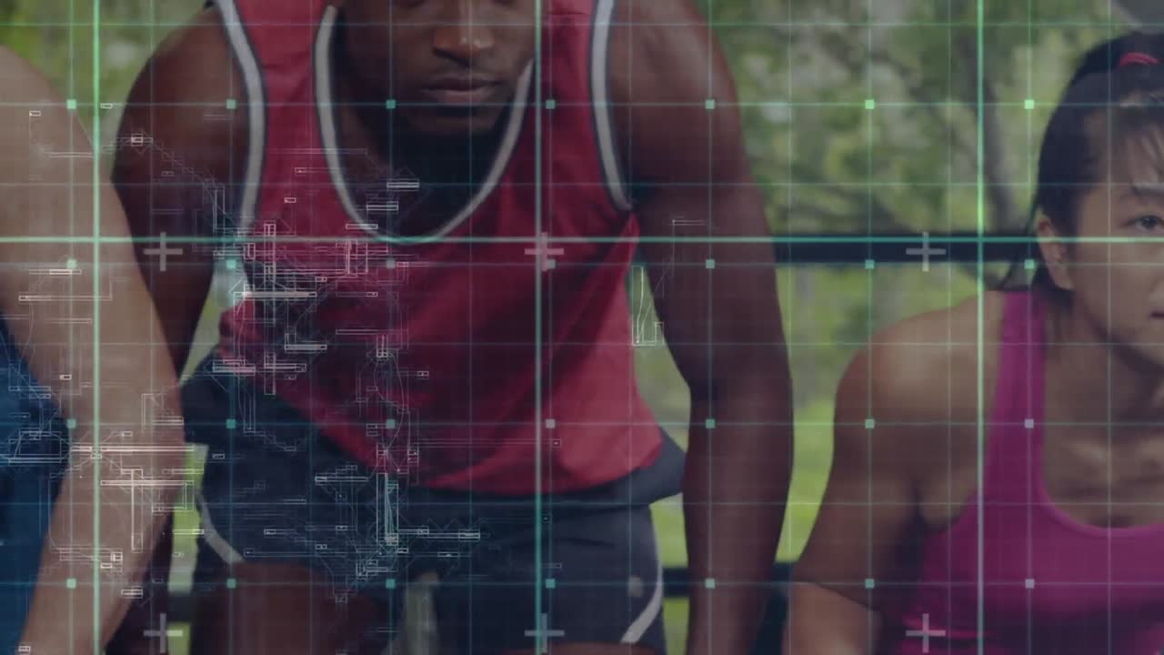 animación de la interfaz digital con cuadrados sobre personas que hacen ejercicio en el gimnasio