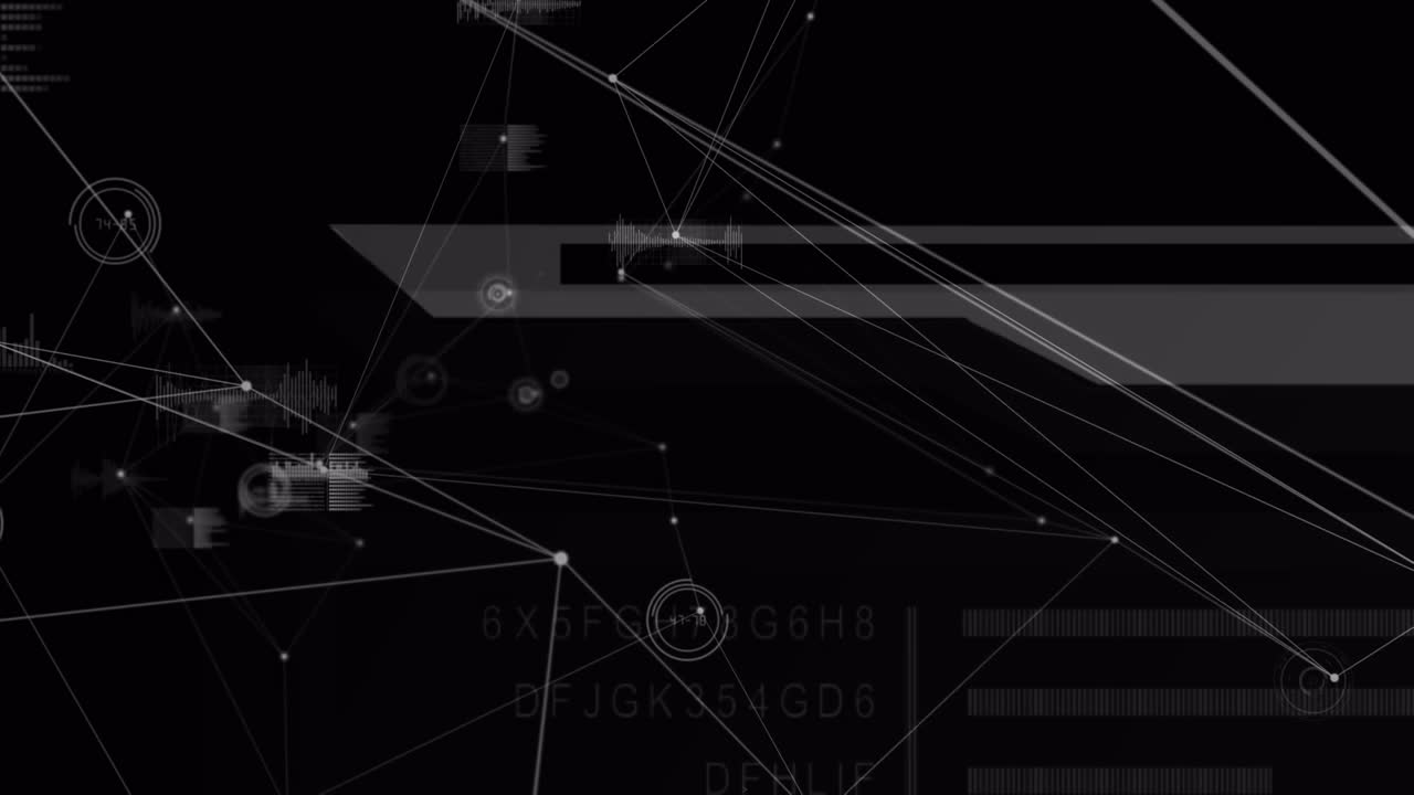 Animation of network of connections and data processing on black background