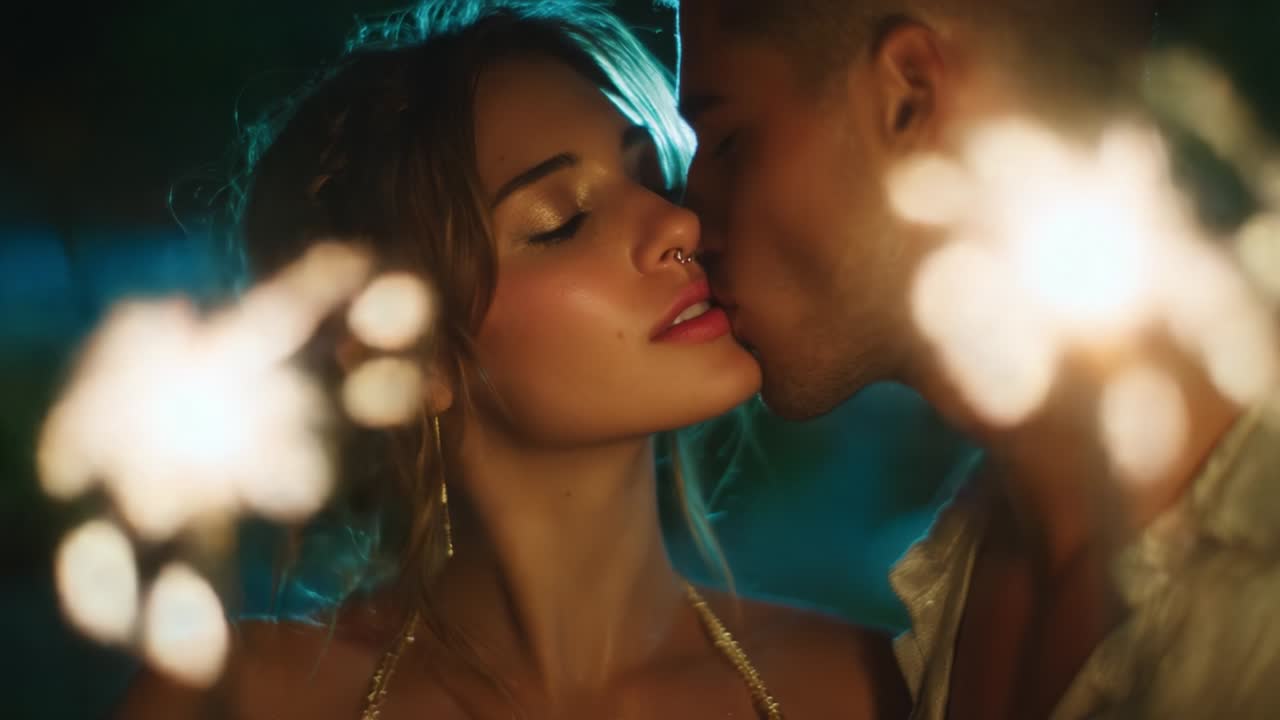 A Romantic Moment Captured Under Sparkling Lights: A Couple Shares an Intimate Kiss Surrounded by the Glow of Sparklers, Signifying Love, Joy, and Celebration in a Beautiful Evening Setting