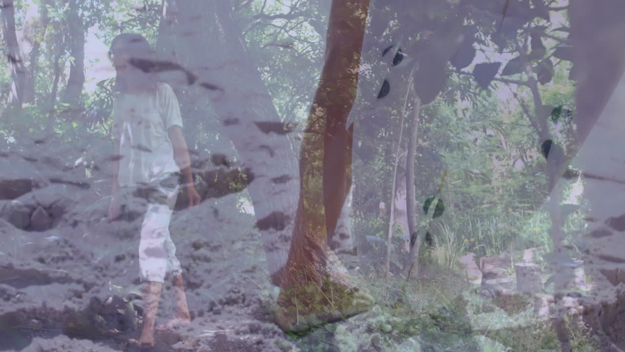 Walking through forest, man with animation overlay of abstract textures and patterns