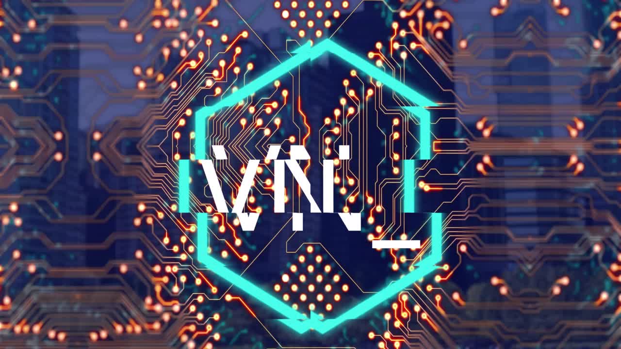 animación de texto nft sobre placa de circuitos de computadora sobre el paisaje urbano