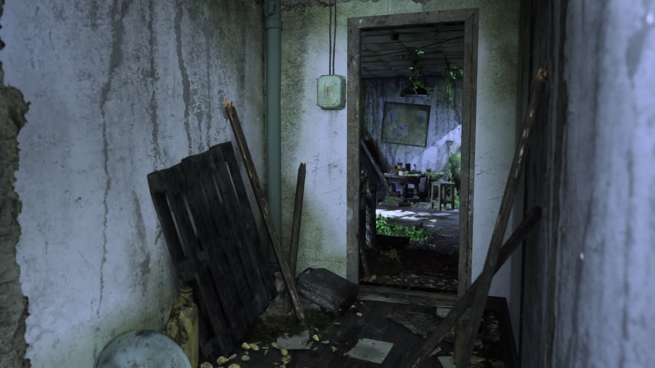 Abandoned building interior with overgrowth and debris in a dilapidated room