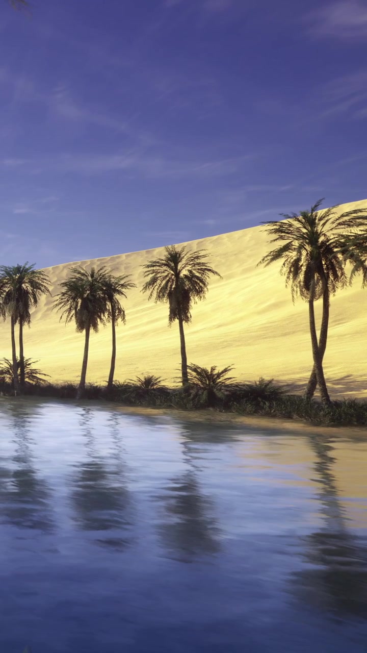 Palme vicino all'acqua e a una duna di sabbia sotto un cielo blu di giorno