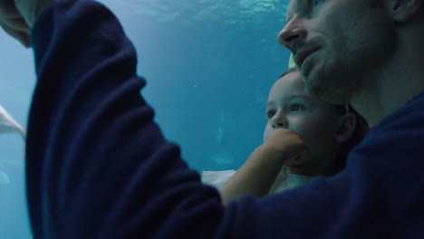 Niña-Feliz-Con-Padre-En-El-Acuario-Mirando-Peces-Nadando-En-El-Tanque-Niño-Curioso-Observando-La-Vida-Marina-Con-Curiosidad-Papá-Enseñando-A-Su-Hija-Sobre-Animales-Marinos-En-El-Oceanario