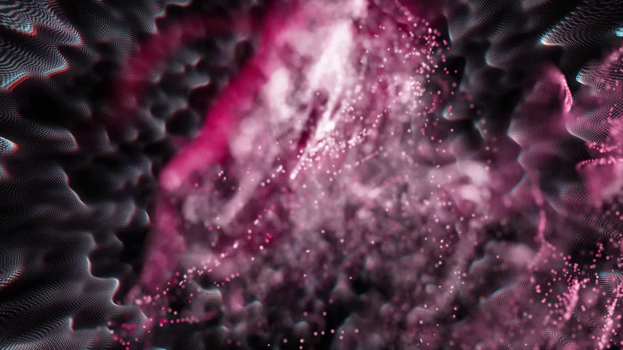 Animation of glowing pink mesh moving over black background