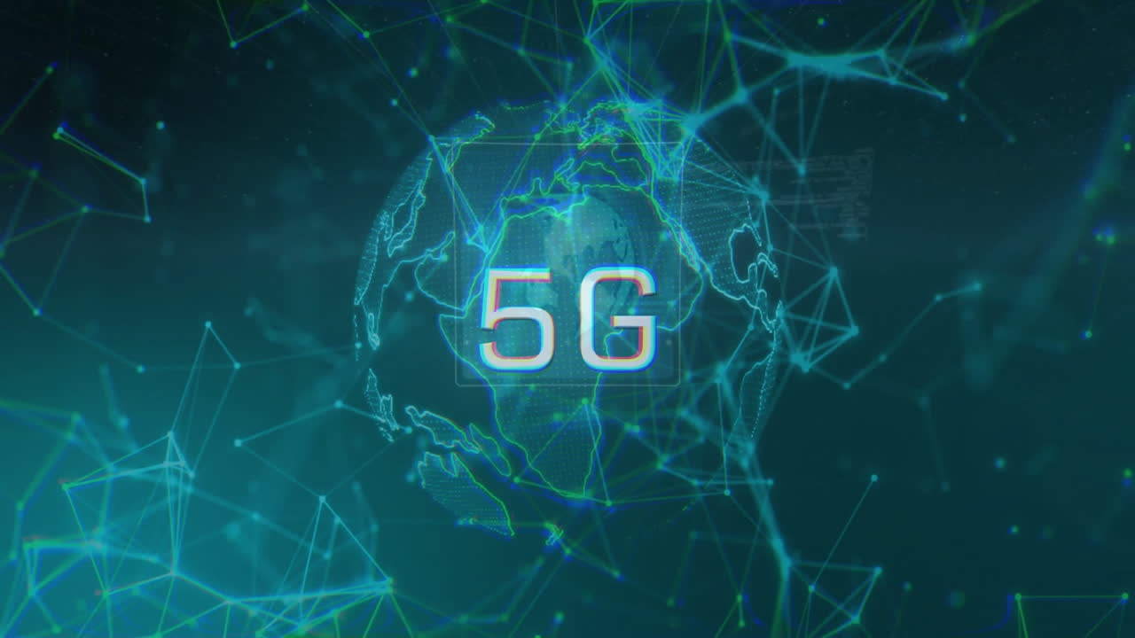 animación de texto 5g sobre globo digital que muestra conexiones de red