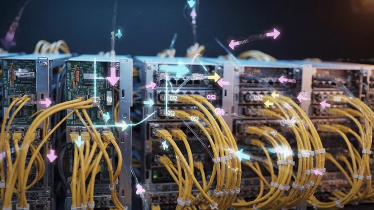 High-Tech Data Center Infrastructure Featuring Advanced Networking Equipment and Yellow Cables for Efficient Data Transmission in Modern Computing Environments