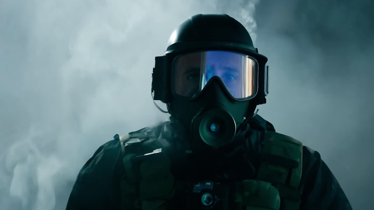 A soldier in a gas mask and combat gear stands in smoke.