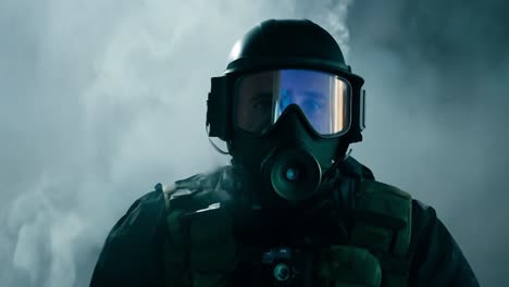 a soldier in a gas mask and combat gear stands in smoke.