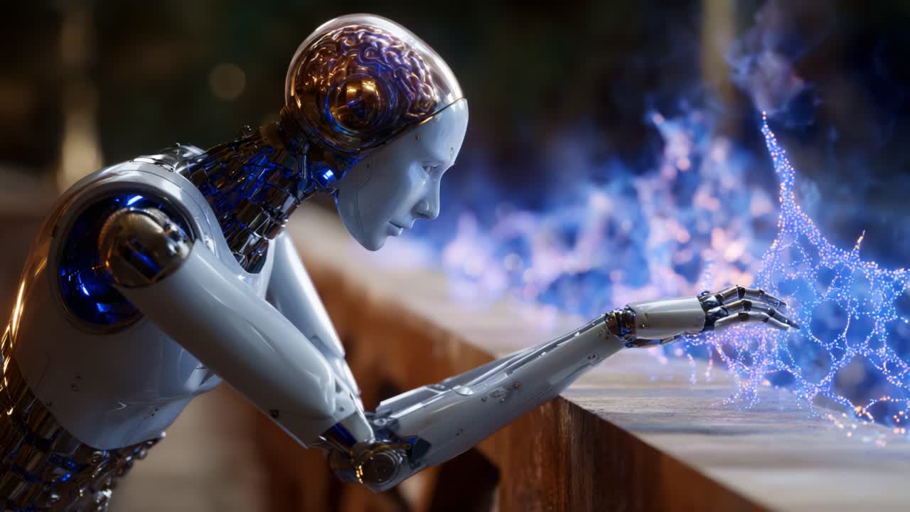 Un robot umanoide futuristico guarda intensamente un etereo display di energia, riflettendo sull'intersezione tra tecnologia ed emozioni umane in una scena accattivante