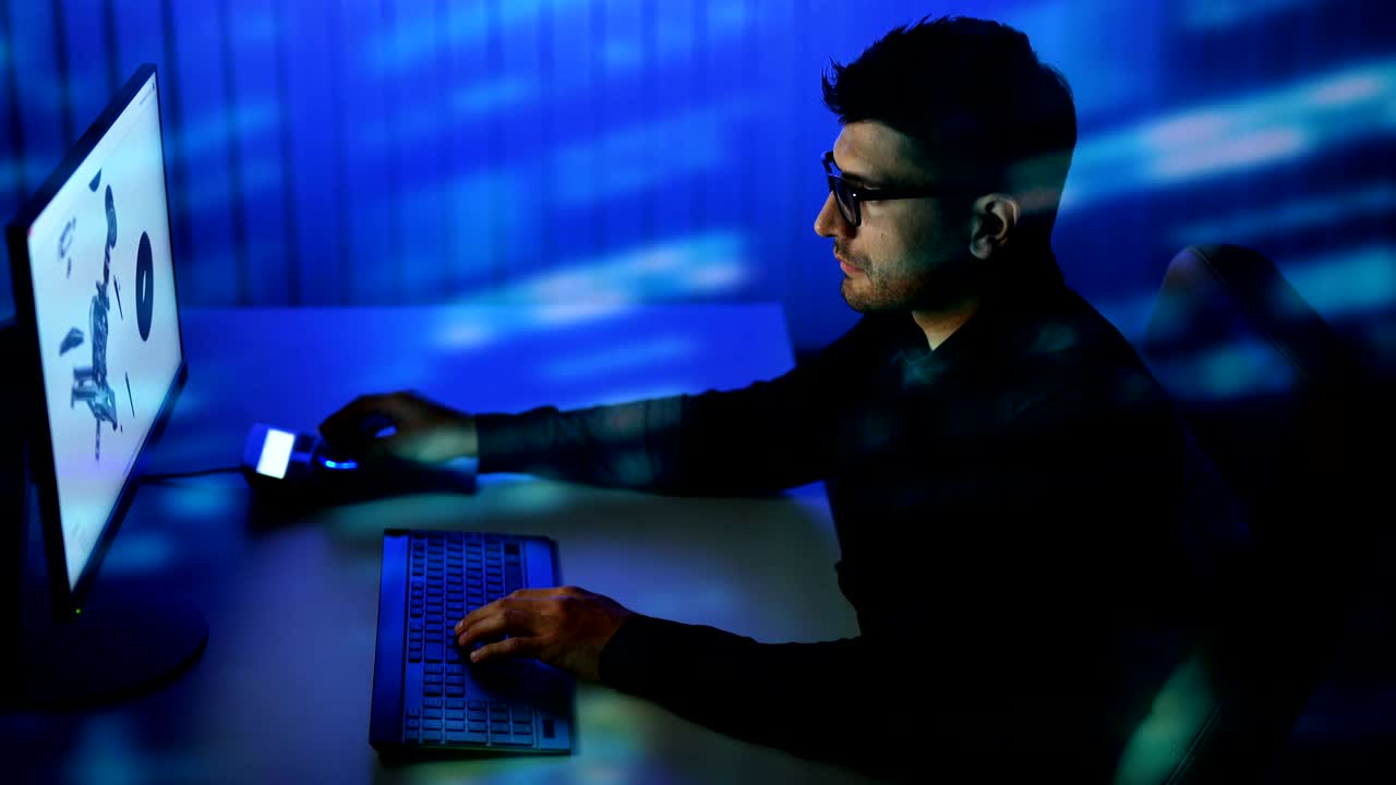 el hombre trabajando con un gráfico 3d. noche noche