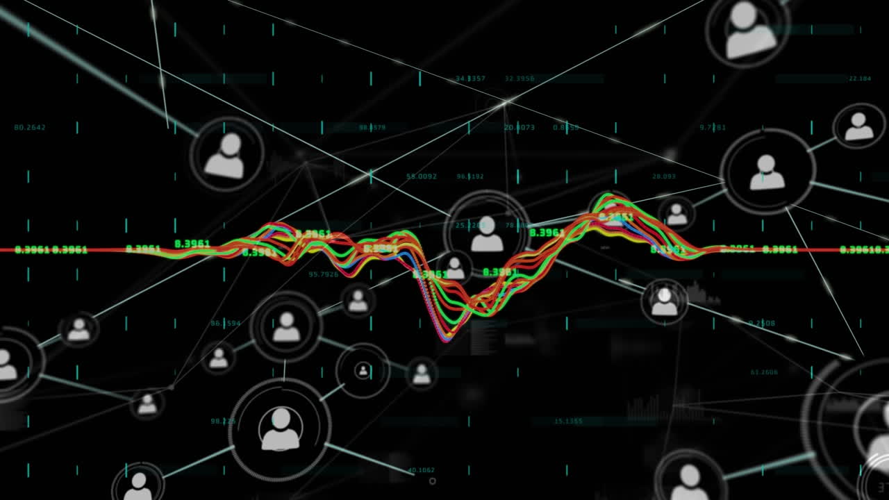 연결 네트워크의 애니메이션과 검은색 배경의 다양한 데이터 처리