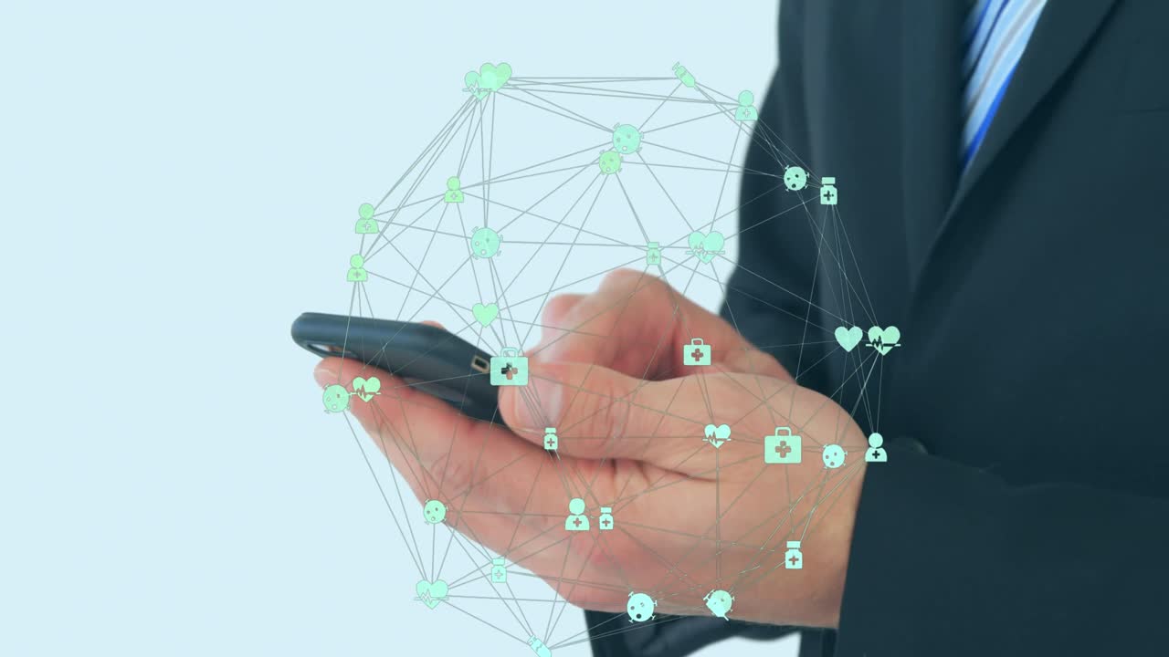 스마트 폰을 사용하는 사업가 위에 아이콘과 연결의 전지구의 애니메이션