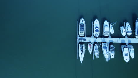 aerial straight down shot of luxury motorboats and speedboats parking at jetty of marina