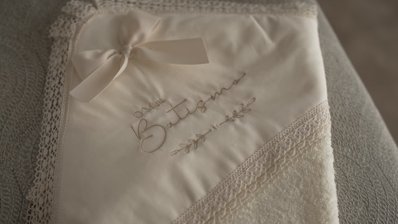 delicate white baptism towel with embroidery lace and bow displayed on textured fabric