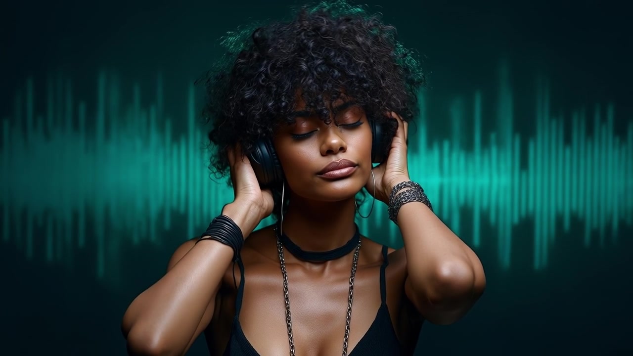 Giovane donna con capelli ricci che tiene delle cuffie su uno sfondo verde con onde sonore digitali