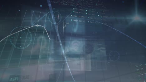 animation of diverse financial data and graphs over blue screens with network icons