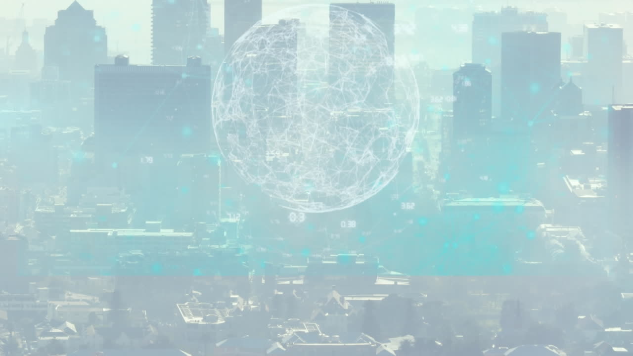 도시 풍경의 공중 전망에 대한 데이터 처리와 함께 여러 화면의 애니메이션