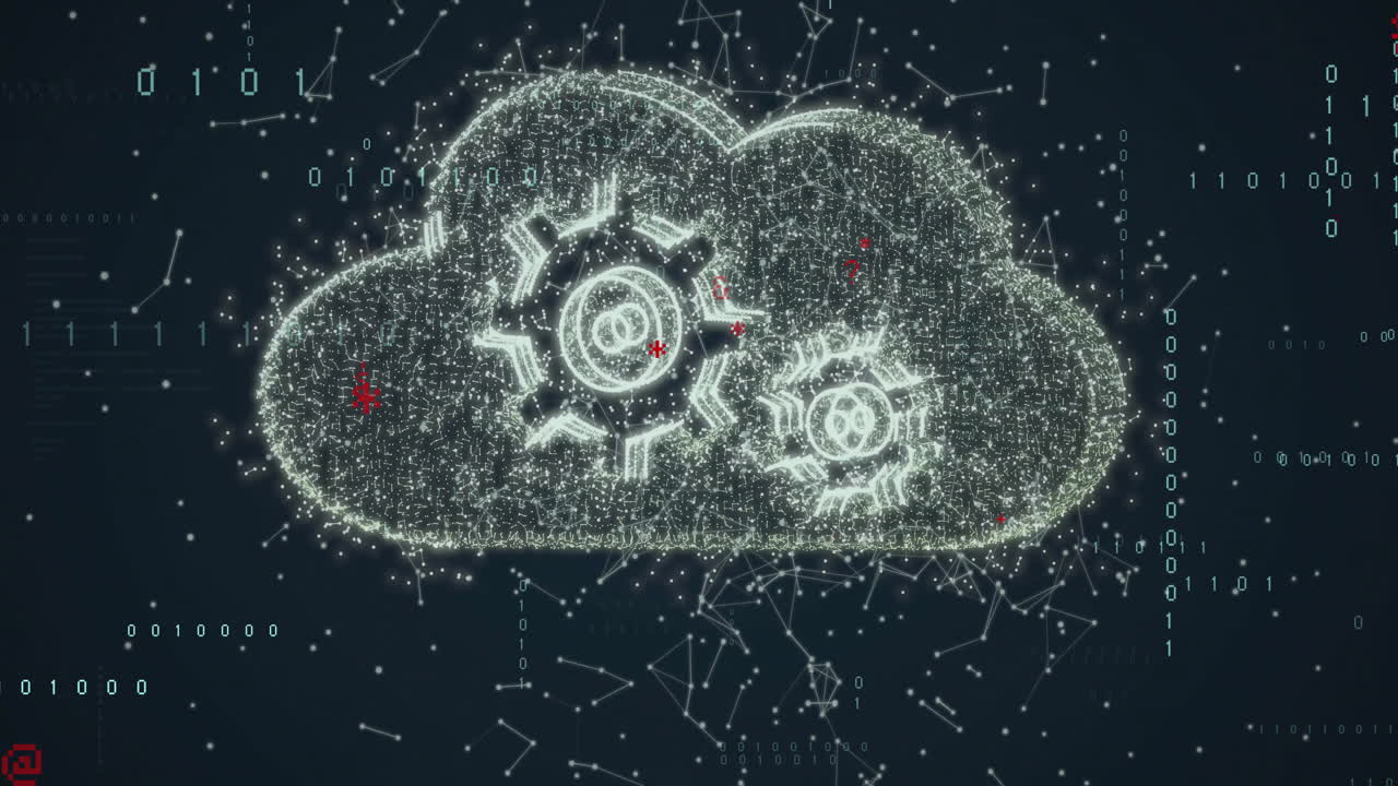 animación de procesamiento de datos digitales en la nube con engranajes en fondo oscuro