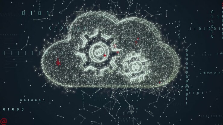 Animation of digital data processing over cloud with cogs on dark background