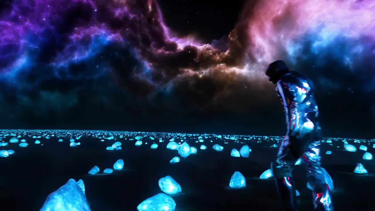 Astronaut Exploring a Crystal-Encrusted Alien Landscape