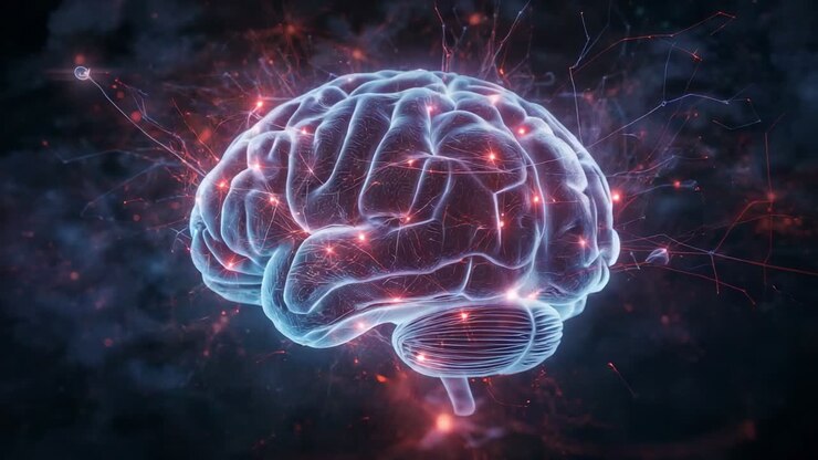 Floating brain model starting rotation in cosmic space, with glowing neural pulses