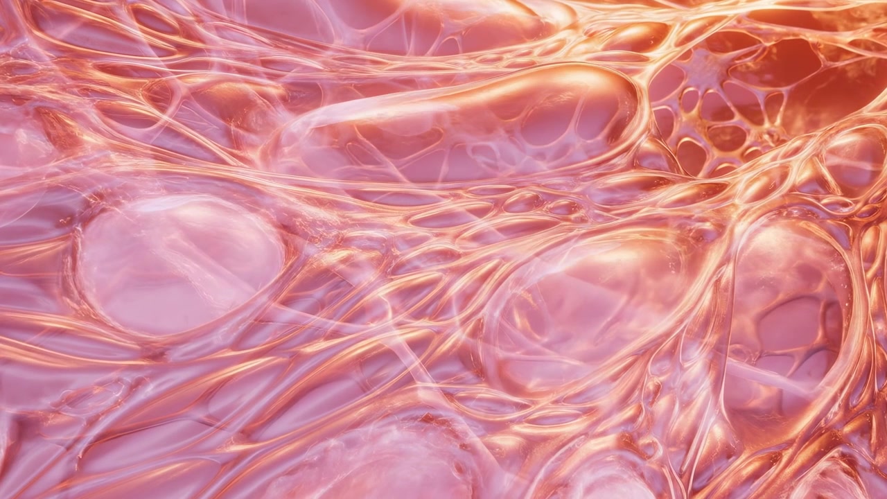 Un movimento astratto ravvicinato mostra membrane traslucide che si espandono su cavità arrotondate, mentre sottili filamenti si tendono, si rilassano e si spostano su una superficie lucida stratificata con caldi riflessi dorati.