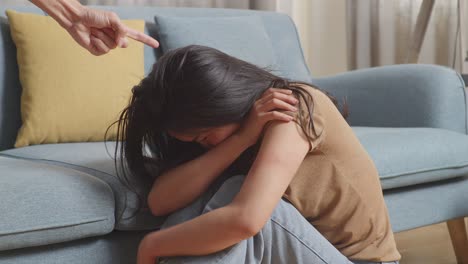 close up of young asian woman victim of violence with bruise on body sits hugging her knees being scared of a man shouting at her at home