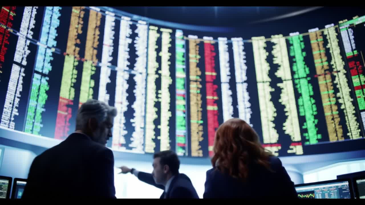 A Dynamic Trading Room with Analysts Interpreting Stock Market Data Through Color-Coded Displays Reflecting Real-Time Financial Trends and Market Movements