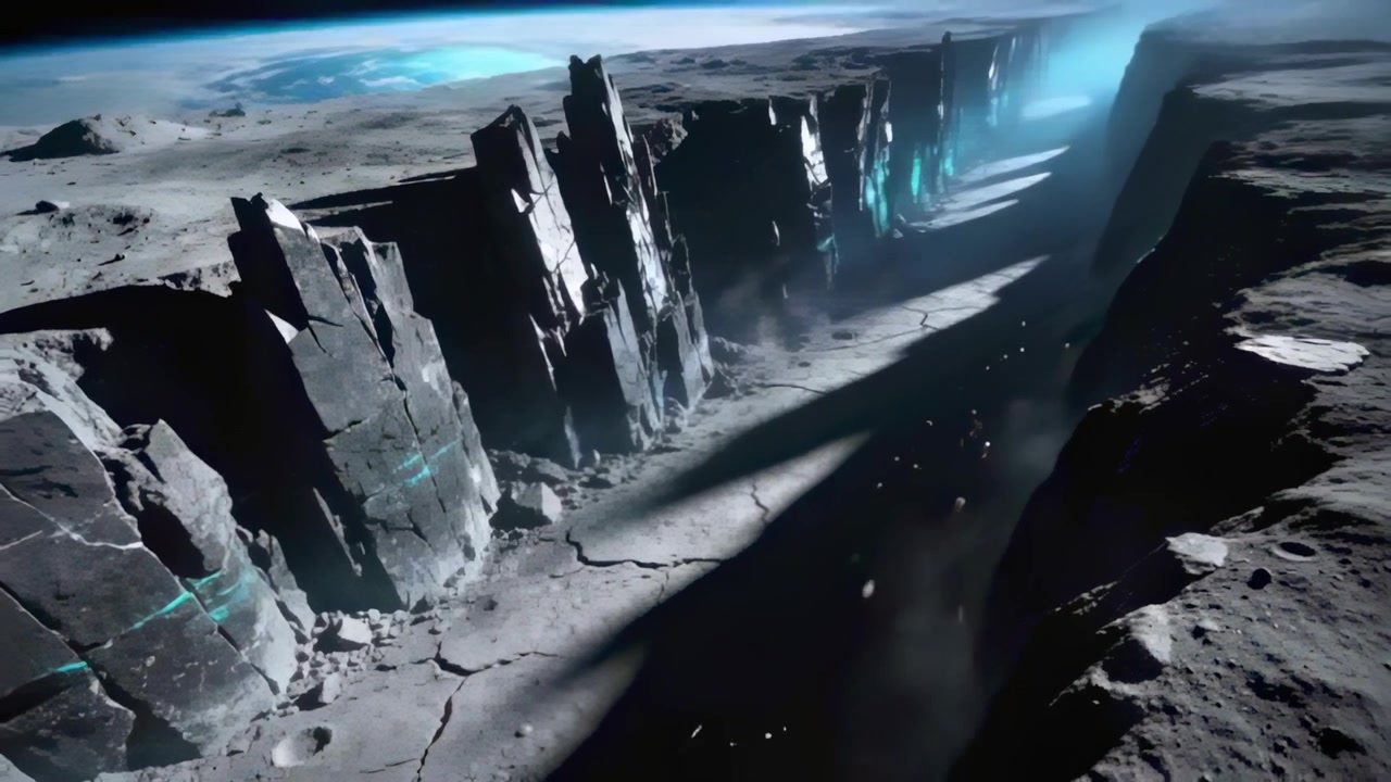 Starting camera tracking forward right over barren chasm, revealing turquoise veins, drifting dust