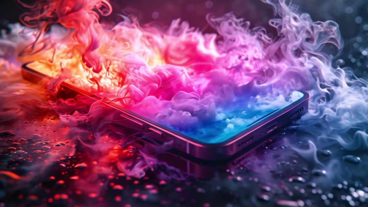 Smartphone surrounded by vibrant colorful smoke and liquid