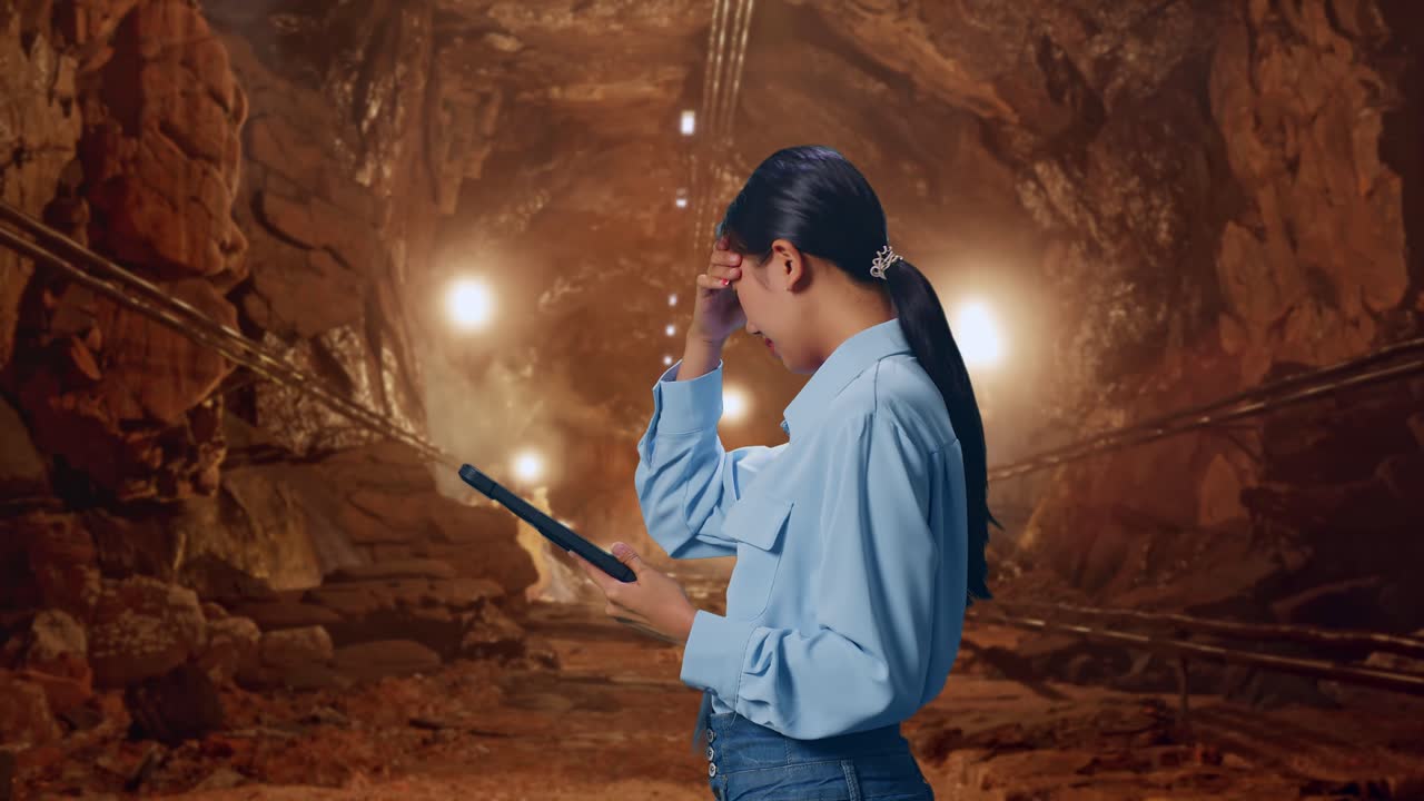 Side View Of Asian Female With Her Tablet In Underground Mine Tunnel, Checking With Dissapionted And Nodding Her Shead