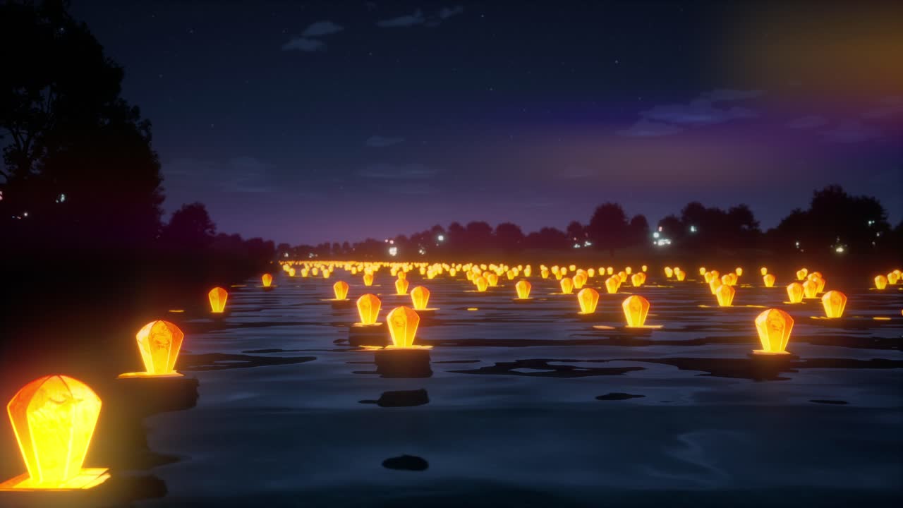 Lanterne galleggianti sull'acqua di notte durante un festival