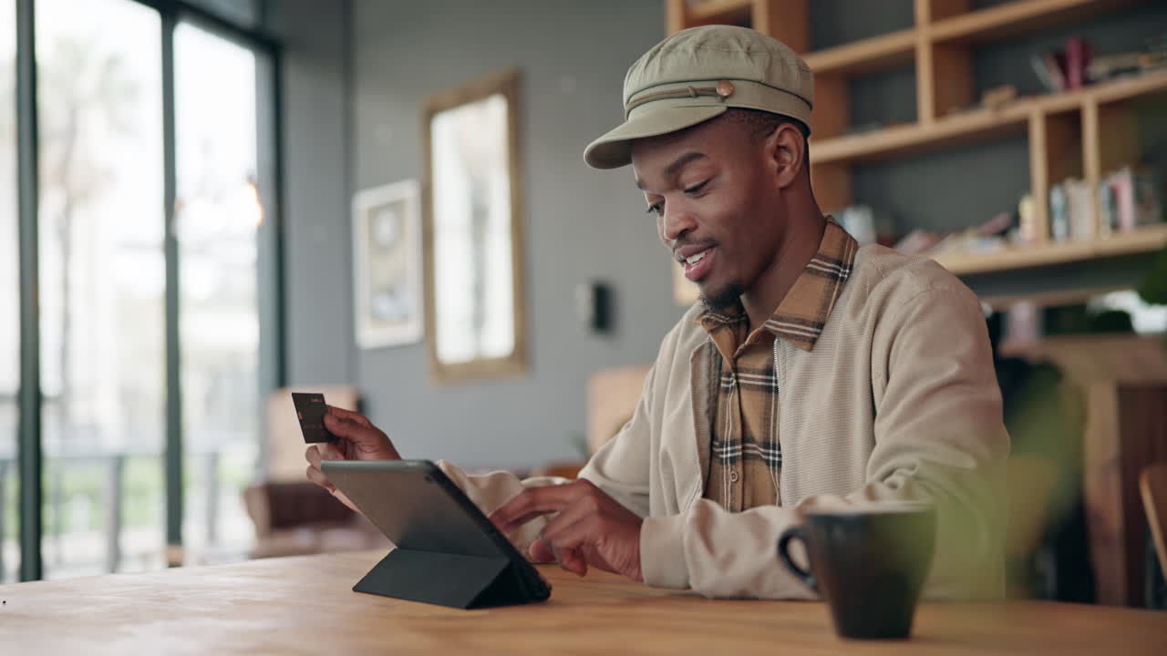 Cafe, tablet or black man with credit card
