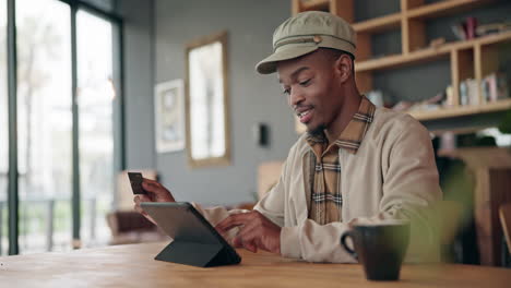 cafe, tablet or black man with credit card