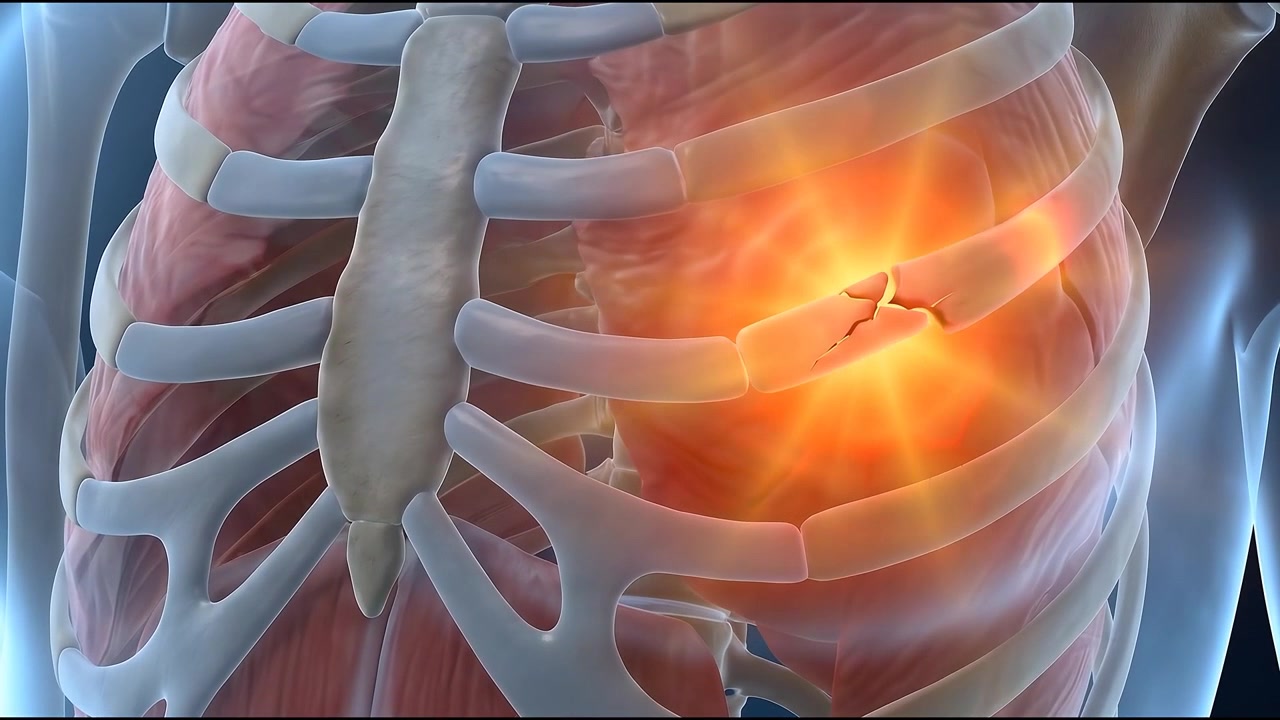 Animazione medica 3D di frattura costale e dolore al petto