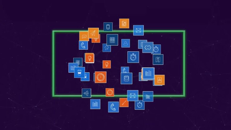 Animation of neon frame over globe of media icons