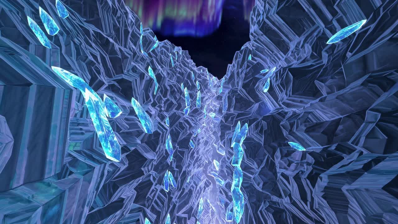 Surreal ice cave interior features glowing blue crystals against jagged walls and a vibrant aurora above
